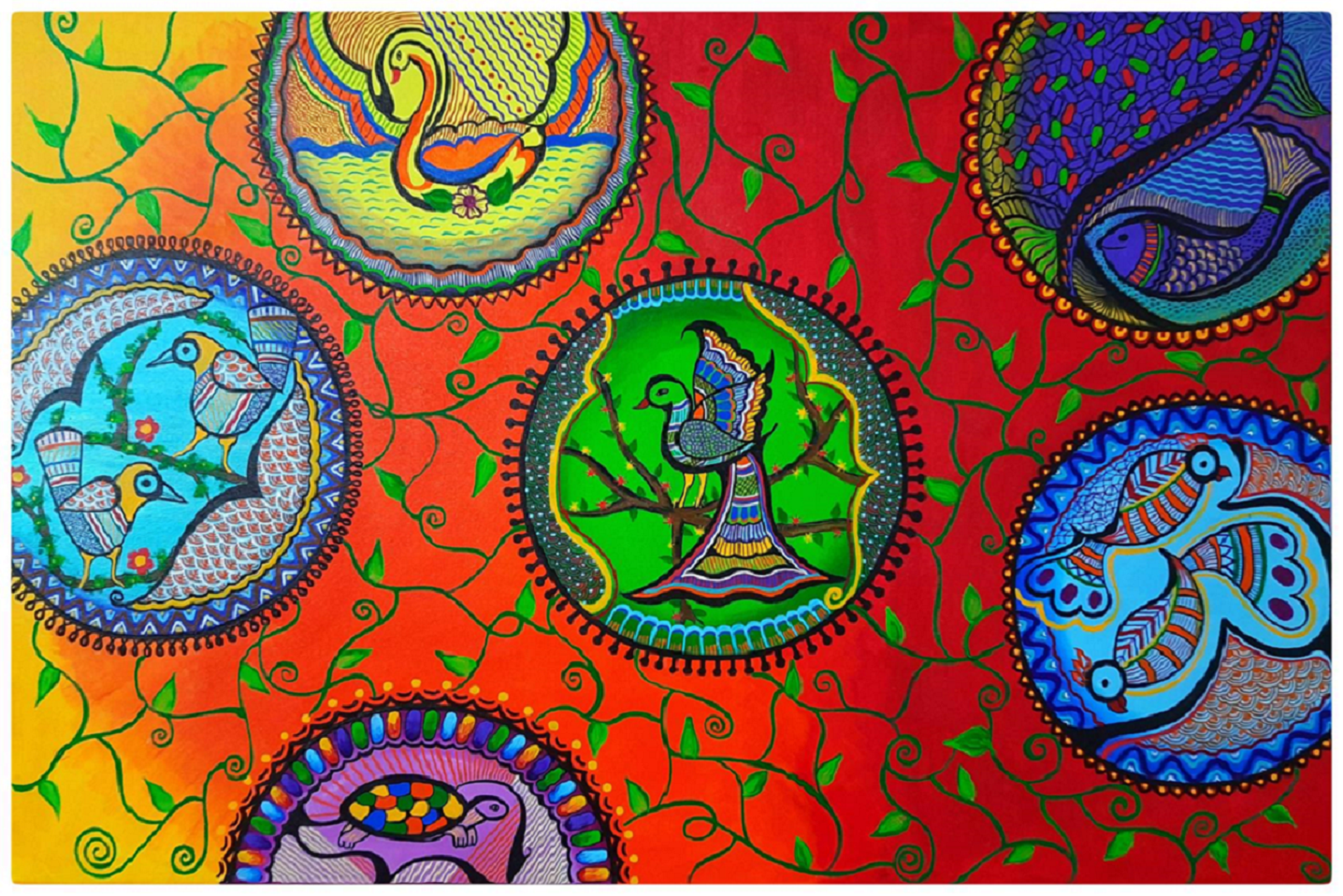 Madhubani birds and animals painting on canvas.