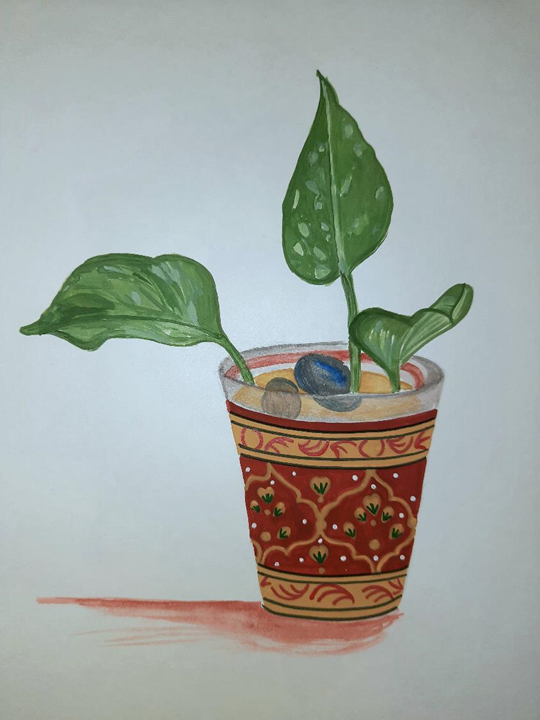 Still life money plant painting in an Indian folk styled cup